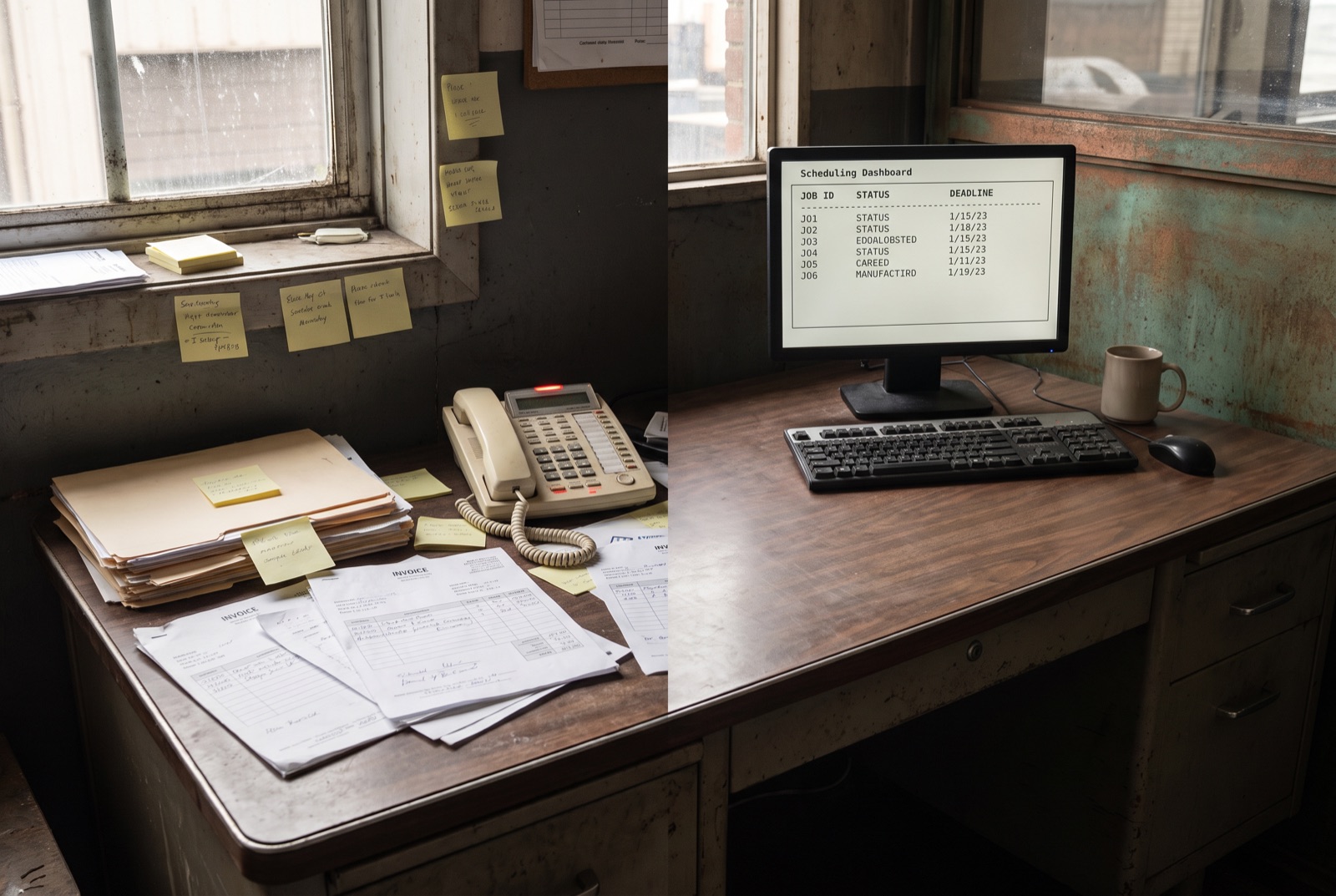 A shop office desk split between cluttered paper invoices and a clean digital dashboard