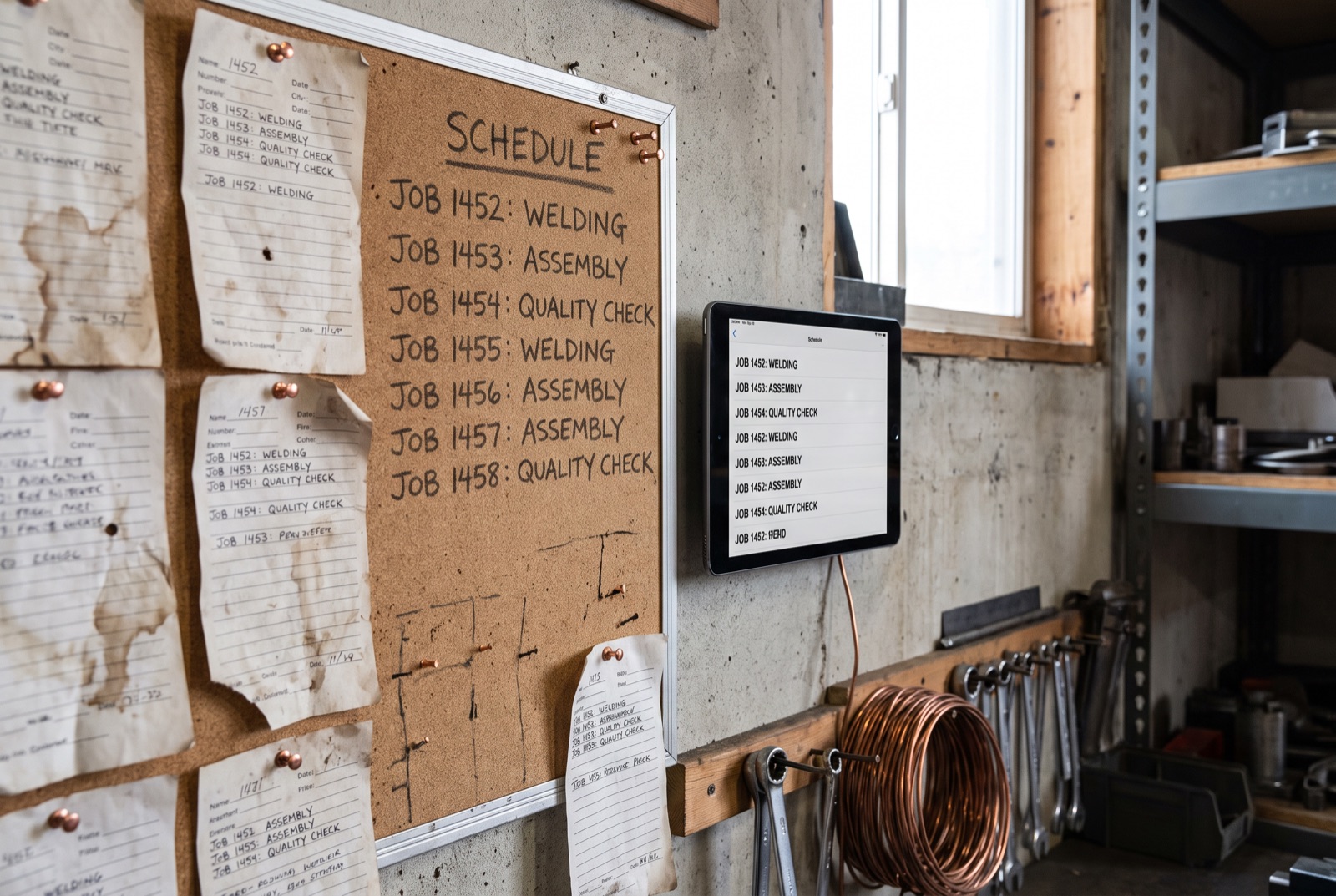 A cork bulletin board of paper job tickets next to a digital schedule tablet