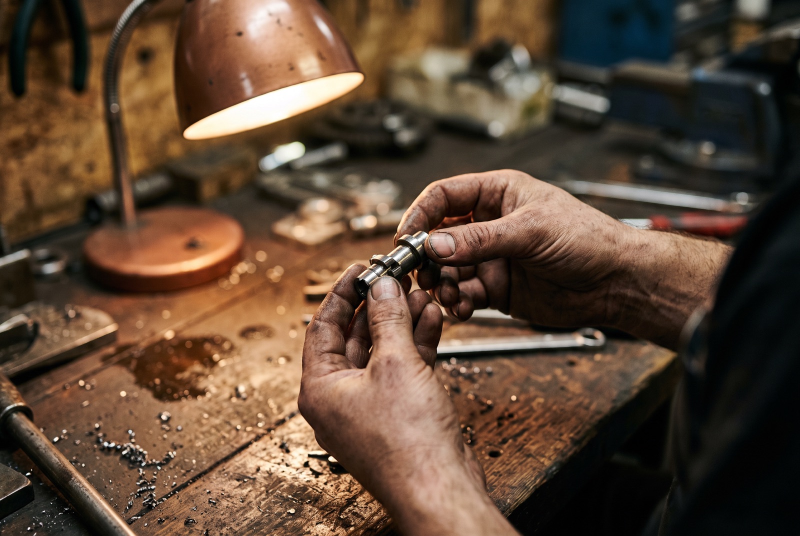A machinist's hands holding a freshly machined precision metal part