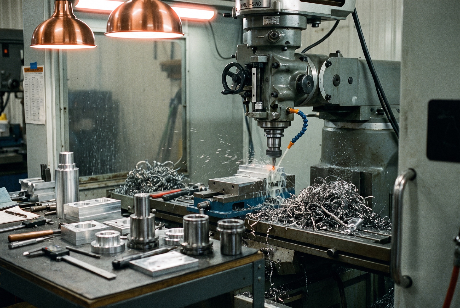 Interior of a precision machine shop, CNC milling machine mid-operation