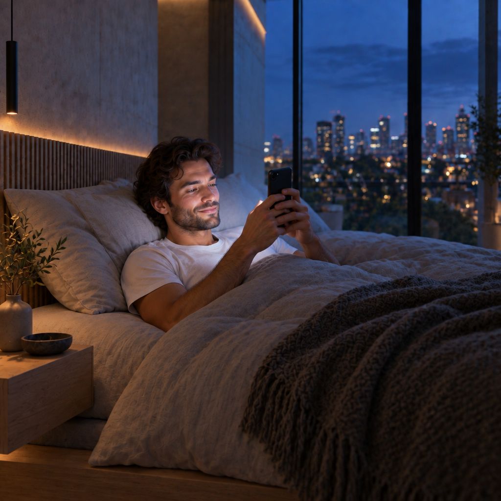A man in bed before dawn, reading his morning brief on his phone, city lights outside the window