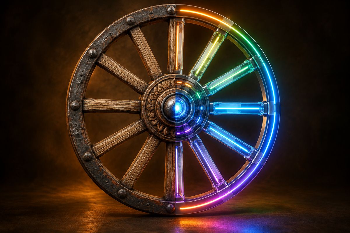 A wagon wheel, half weathered wood and iron, half glowing glass and light, with a bright core at the hub